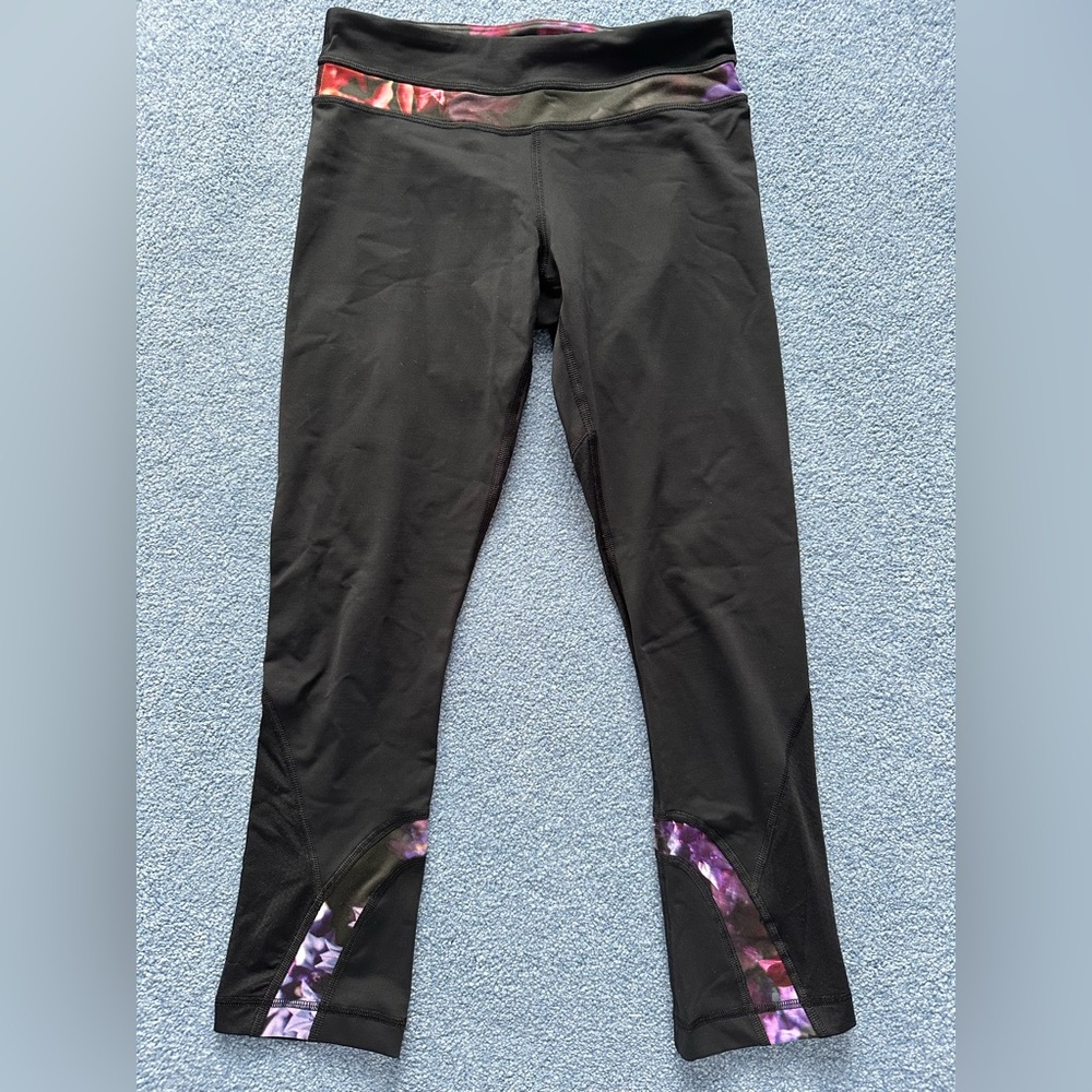 Lululemon Cropped Black Leggings with Purple Accents, size 4